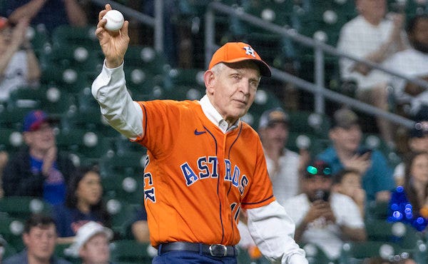 Jim McIngvale aka Mattress Mack is introduced before throwing out the first pitch at Minute Maid Park