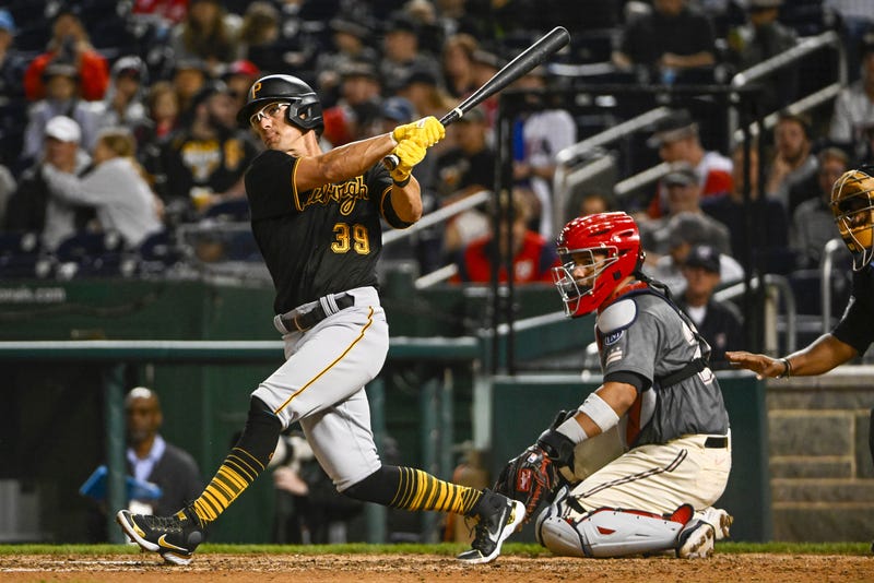 Pittsburgh Pirates third baseman Drew Maggi (39) hits a double against the Washington Nationals 