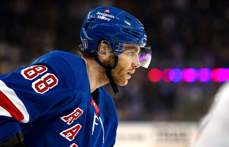 Apr 29, 2023; New York, New York, USA; New York Rangers right wing Patrick Kane (88) awaits a face-off against the New Jersey Devils during the second period in game six of the first round of the 2023 Stanley Cup Playoffs at Madison Square Garden. Mandatory Credit: Danny Wild-USA TODAY Sports