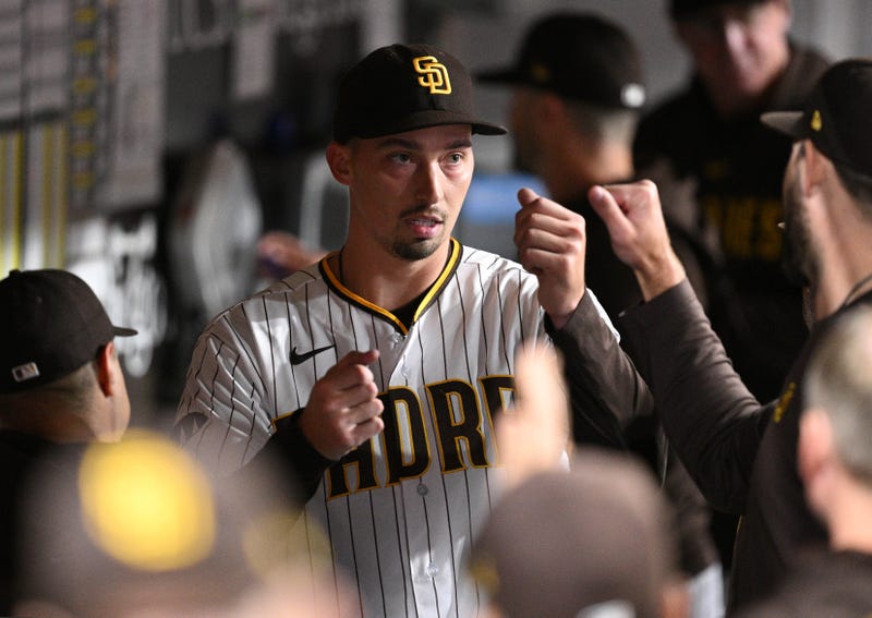 San Diego Padres starting pitcher Blake Snell (4) is greeted in the dugout after pitching the sixth inning against the Cincinnati Reds at Petco Park
