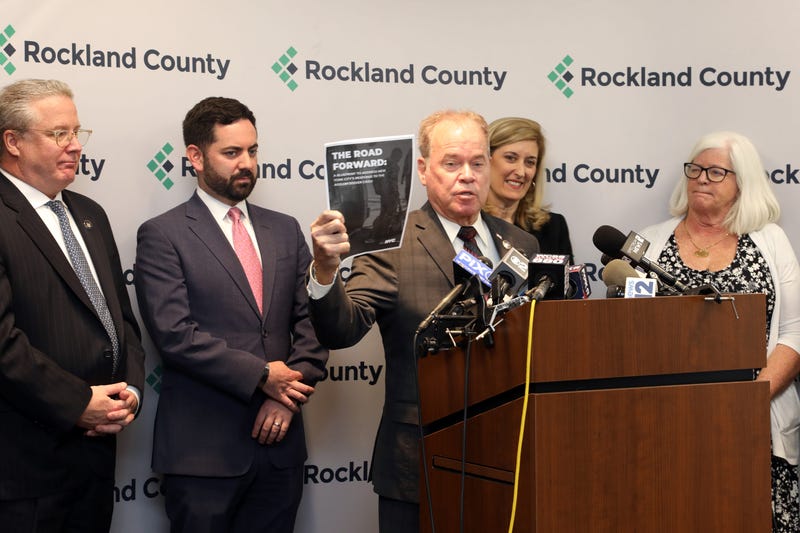 Rockland County Executive Ed Day speaks on May 8, 2023, on New York City's plan to house migrants in the county