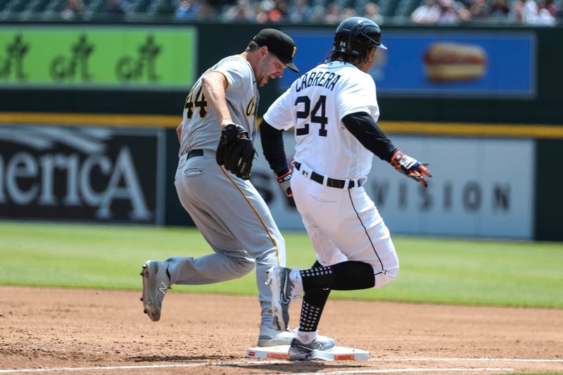 Detroit Tigers designated hitter Miguel Cabrera (24) is grounded out to first base by Pittsburgh Pirates pitcher Rich Hill (44) during the second inning at Comerica Park in Detroit