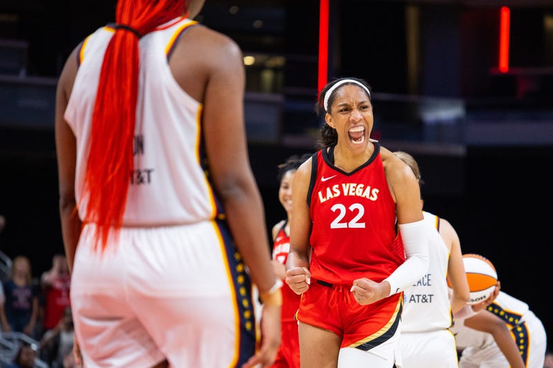 Las Vegas Aces forward A'ja Wilson (22) celebrates the win against the Indiana Fever at Gainbridge Fieldhouse.