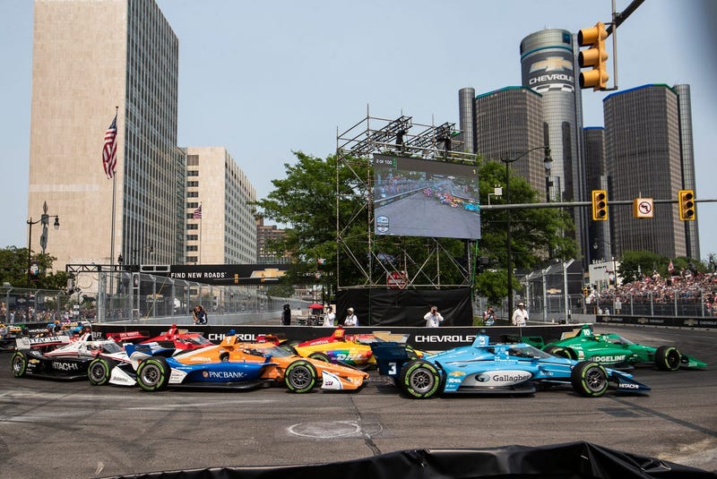 IndyCar drivers enter Turn 3 during the Detroit Grand Prix in Detroit on Sunday, June 4, 2023.