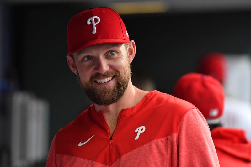 Philadelphia Phillies first baseman Rhys Hoskins (17) in the dugout against the Detroit Tigers at Citizens Bank Park. 
