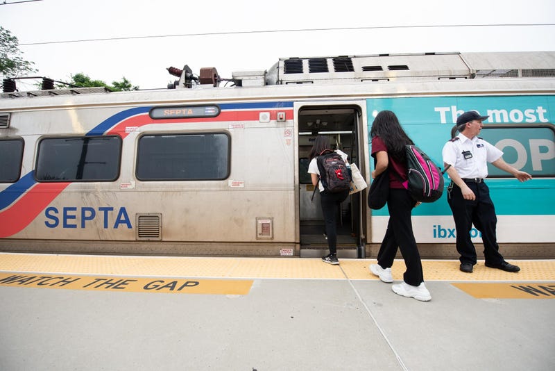 Passengers board a southbound train on SEPTA's West Trenton Regional Rail Line at the Yardley station on June 12, 2023.