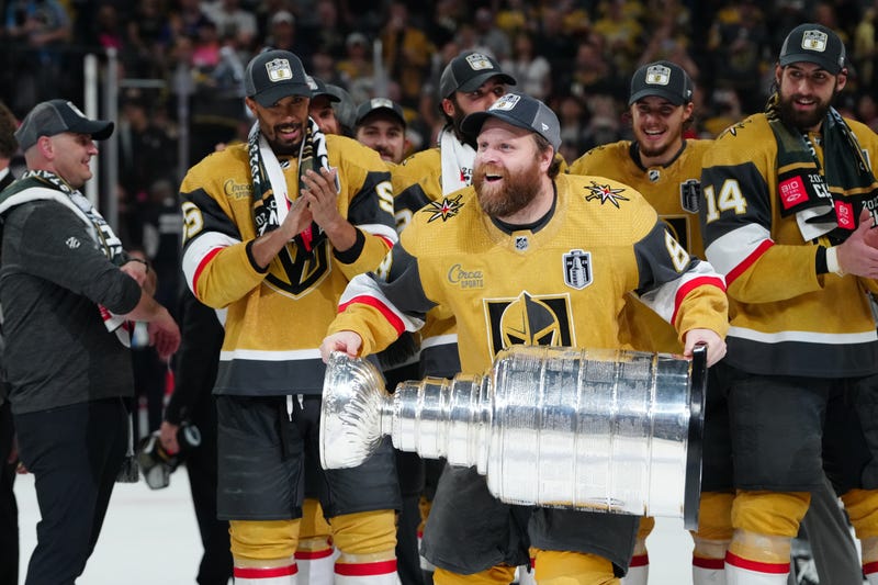 Vegas Golden Knights forward Phil Kessel (8) hoists the Stanley Cup after defeating the Florida Panthers in game five