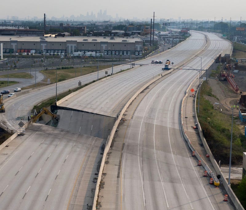 The collapsed portion of I-95 over Cottman Avenue in Northeast Philadelphia on June 11, 2023. A vehicle fire under the overpass caused the collapse.
