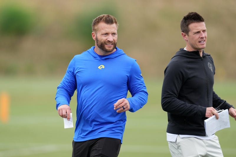 Los Angeles Rams coach Sean McVay (left) and offensive coordinator Mike LaFleur during minicamp at Cal Lutheran University.