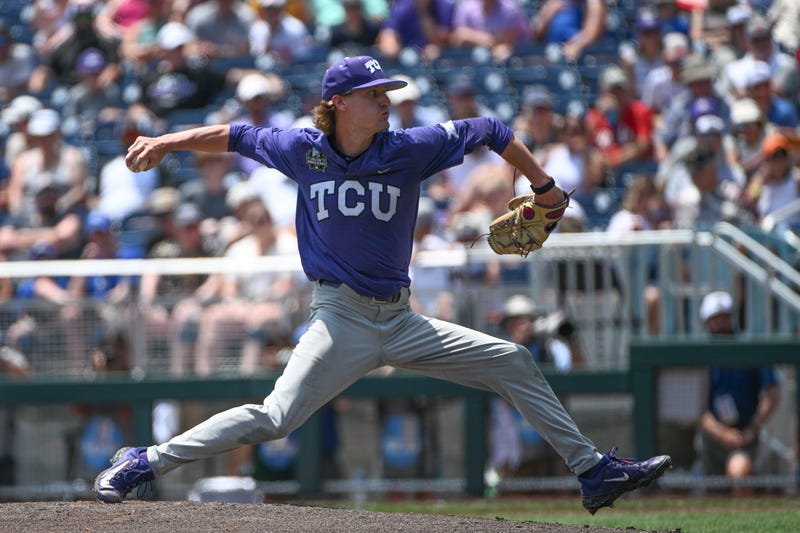 TCU Horned Frogs pitcher Sam Stoutenborough (15) throws against the Virginia Cavaliers in the first inning at Charles Schwab Field Omaha.