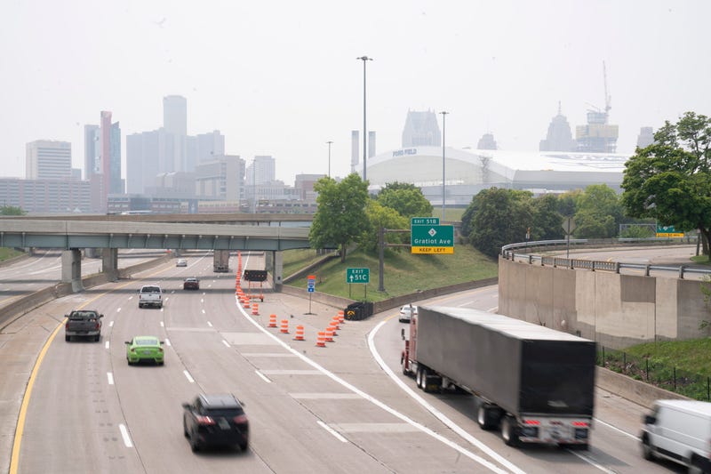 Haze over the Detroit skyline from I-75 on Wednesday