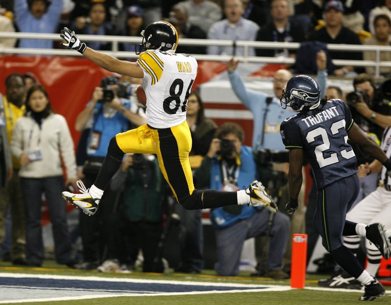 Hines Ward jumping into end zone in Super Bowl XL