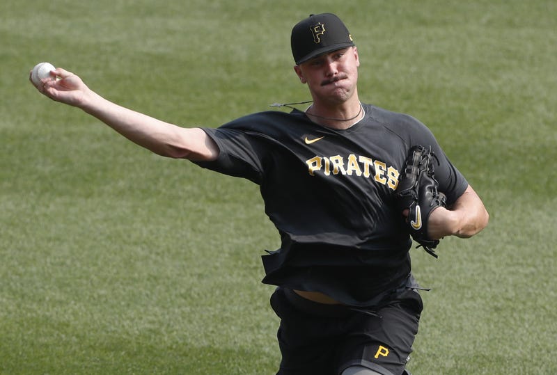; Pittsburgh Pirates pitcher Paul Skenes, the Pirates first pick and overall number one pick in the 2023 MLB Draft, throws in the outfield before the game against the Cleveland Guardians