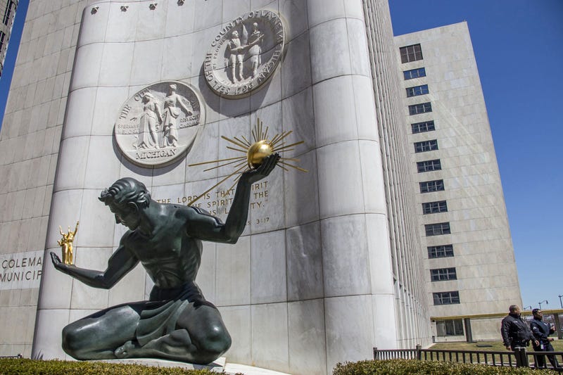 The Spirit of Detroit, a bronze sculpture by Marshall Fredericks, at the Coleman A. Young Municipal Center in Detroit,