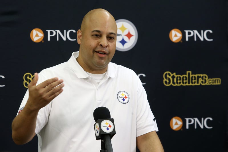 Pittsburgh Steelers general manager Omar Khan addresses the media prior to the start of training camp at Saint Vincent College. 