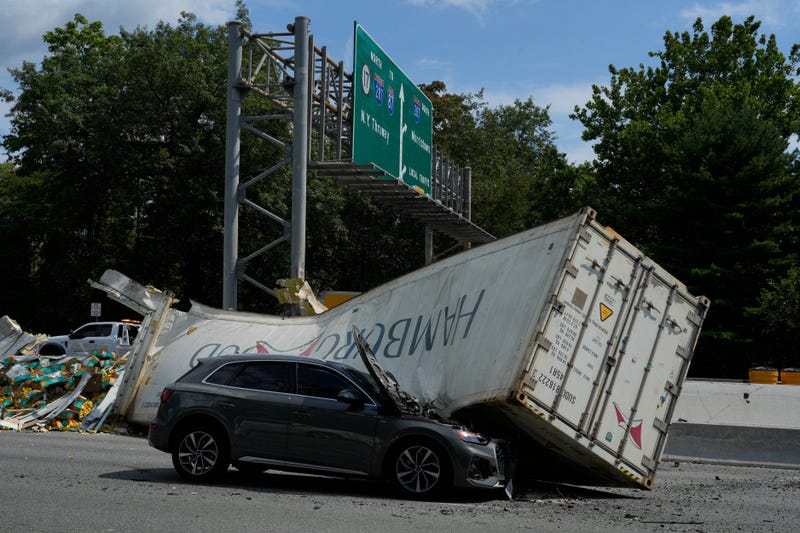 A tractor trailer hauling lemons lost its trailer over the jersey barrier striking an on coming vehicle in the southbound lanes of Route 17 in Mahwah, NJ on Wednesday Aug. 2, 2023