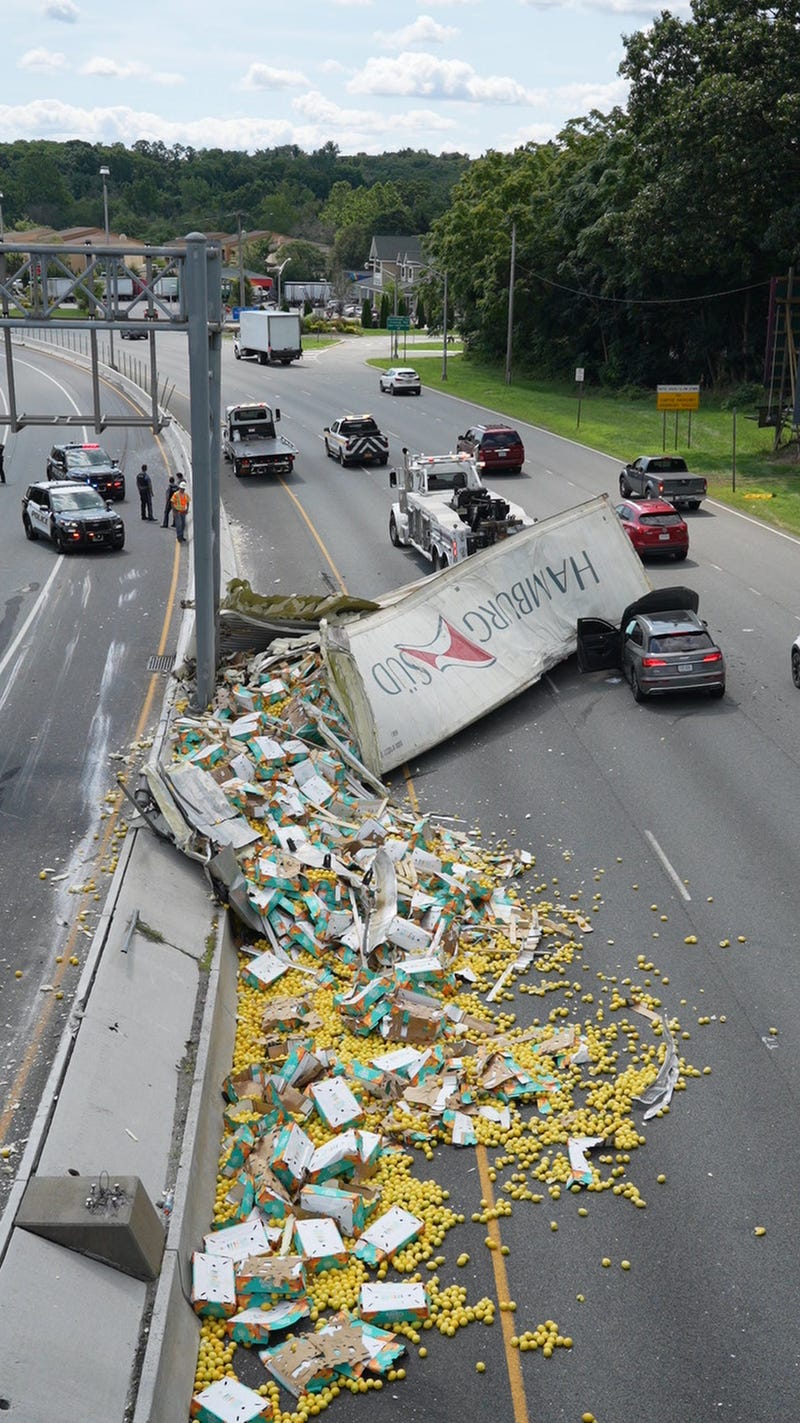 A tractor trailer hauling lemons lost its trailer over the jersey barrier striking an on coming vehicle in the southbound lanes of Route 17 in Mahwah, NJ on Wednesday Aug. 2, 2023