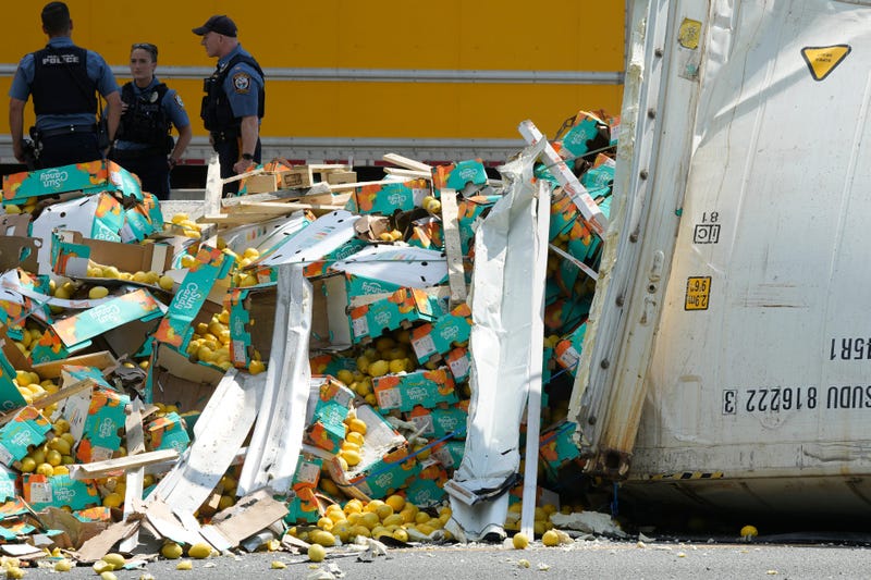A tractor trailer hauling lemons lost its trailer over the jersey barrier striking an on coming vehicle in the southbound lanes of Route 17 in Mahwah, NJ on Wednesday Aug. 2, 2023