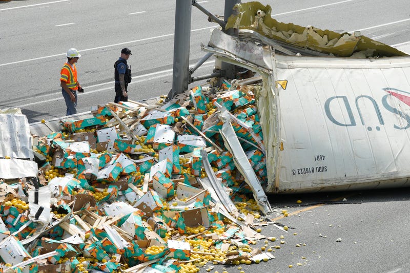 A tractor trailer hauling lemons lost its trailer over the jersey barrier striking an on coming vehicle in the southbound lanes of Route 17 in Mahwah, NJ on Wednesday Aug. 2, 2023