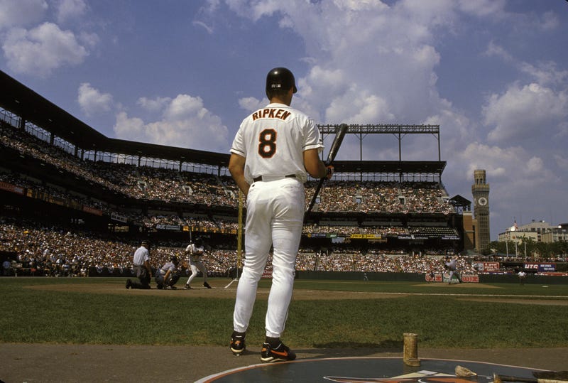 Cal Ripken Jr. of the Baltimore Orioles waits on deck in a game against the California Angels during the 1995 Season at Camden Yards.