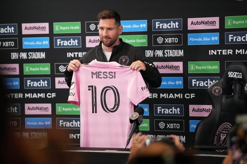 Lionel Messi of Inter Miami CF addresses the media at the DRV PNK Stadium Press Conference Room.