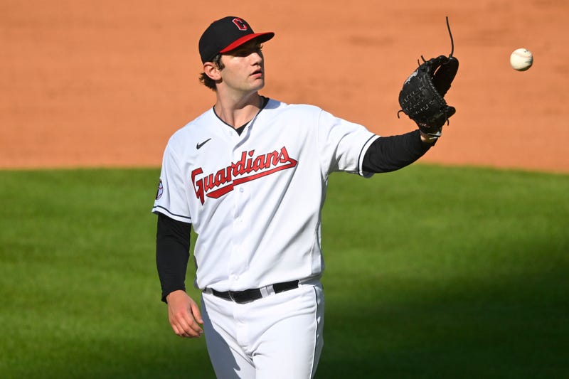 Aug 18, 2023; Cleveland, Ohio, USA; Cleveland Guardians starting pitcher Gavin Williams (63) catches a ball fifth inning against the Detroit Tigers at Progressive Field.