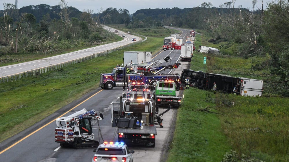 13 semi trucks flipped, 22 more vehicles damaged when tornado touches down on I-96 in Ingham County