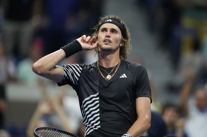 Alexander Zverev of Germany reacts to winning a game against Jannik Sinner of Italy on day eight of the 2023 U.S. Open tennis tournament at USTA Billie Jean King National Tennis Center in Queens