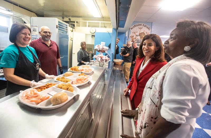 Governor Kathy Hochul and State Senate Majority LeaderAndrea Stewart-Cousins greet cafeteria workers at the Washington Irving Middle School in Tarrytown during the first day of school Sept. 5, 2023