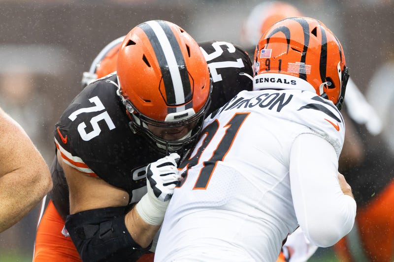 Sep 10, 2023; Cleveland, Ohio, USA; Cleveland Browns guard Joel Bitonio (75) blocks Cincinnati Bengals defensive end Trey Hendrickson (91) during the first quarter at Cleveland Browns Stadium. Mandatory Credit: Scott Galvin-USA TODAY Sports