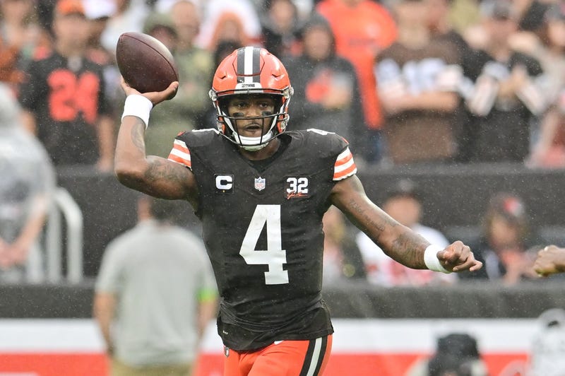 Sep 10, 2023; Cleveland, Ohio, USA; Cleveland Browns quarterback Deshaun Watson (4) throws a pass during the first half against the Cincinnati Bengals at Cleveland Browns Stadium. 