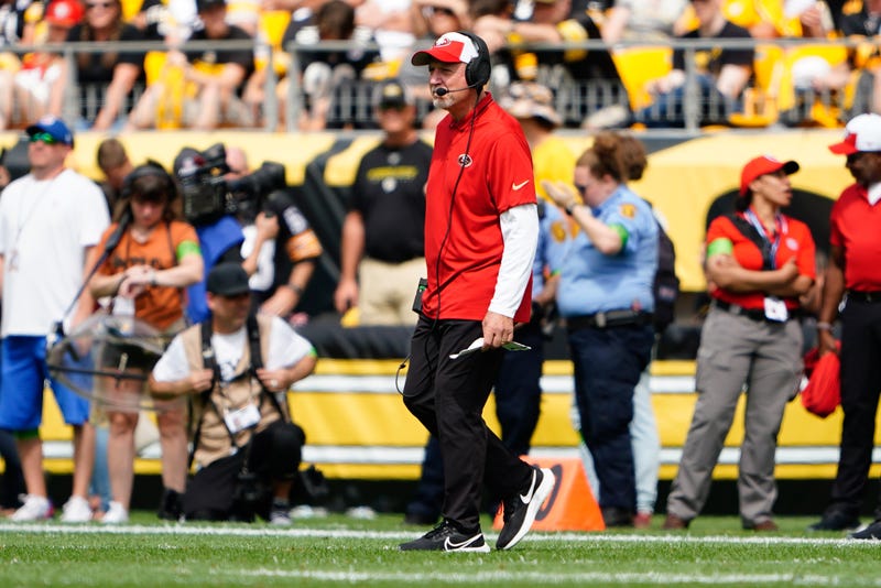 San Francisco 49ers offensive line coach/run game coordinator Chris Foerster looks on from the sidelines during the first half against the Pittsburgh Steelers at Acrisure Stadium.