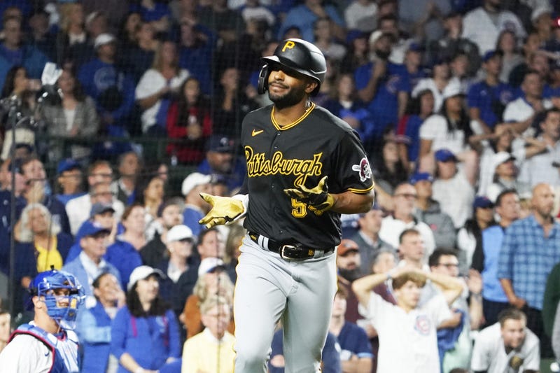 Pittsburgh Pirates pinch-hitter Joshua Palacios (54) gestures after hitting a three-run home run against the Chicago Cubs
