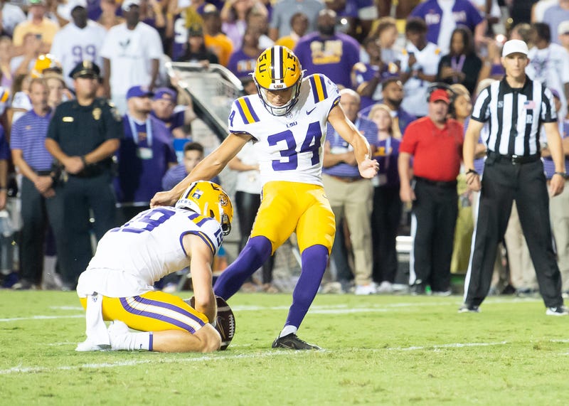 Tigers kicker Damion Ramos 34 kicks the game winning field goal as the LSU Tigers take on the Arkansas Razorbacks