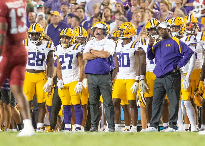 LSU Tigers Head Coach Brian Kelly reacts during the game against the Arkansas Razorbacks