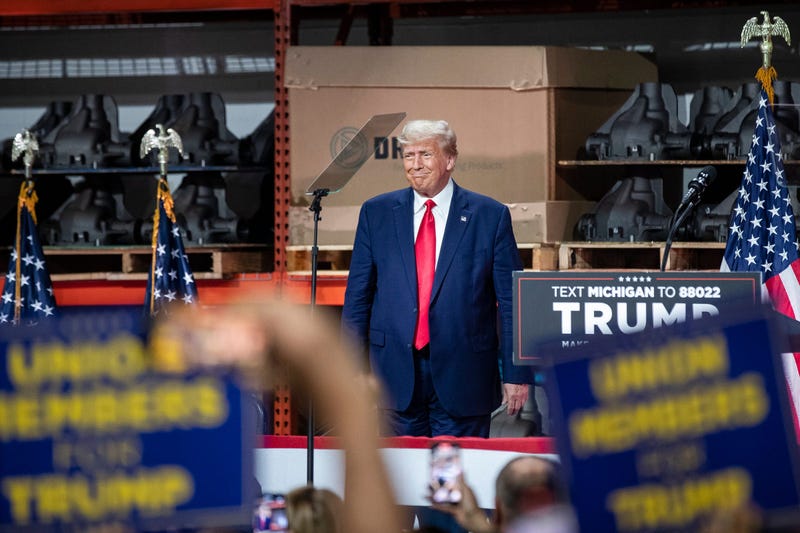 Donald Trump speaks at Drake Enterprises in Clinton Township, Michigan.