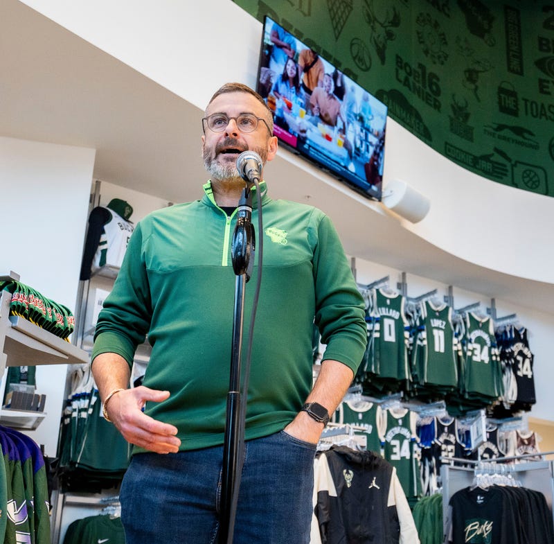 Bucks Chief Sales and Marketing Officer Dustin Godsey speaks about the Damian Lillard Bucks jersey which are available in a very limited quantities at the Bucks Pro Shop at Fiserv Forum on Thursday September 28, 2023 in Milwaukee, Wis.