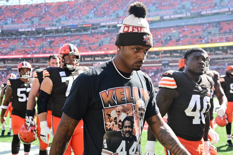 Oct 1, 2023; Cleveland, Ohio, USA; Cleveland Browns quarterback Deshaun Watson (4) walks off the field after warm ups before the game between the Browns and the Baltimore Ravens at Cleveland Browns Stadium