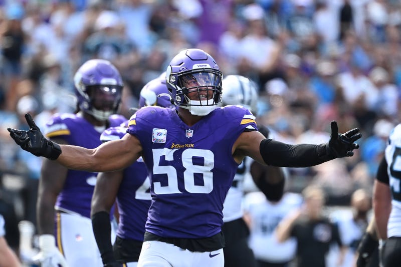 Former Minnesota Vikings, now Cleveland Browns linebacker Jordan Hicks (58) reacts during a game at Bank of America Stadium last season.