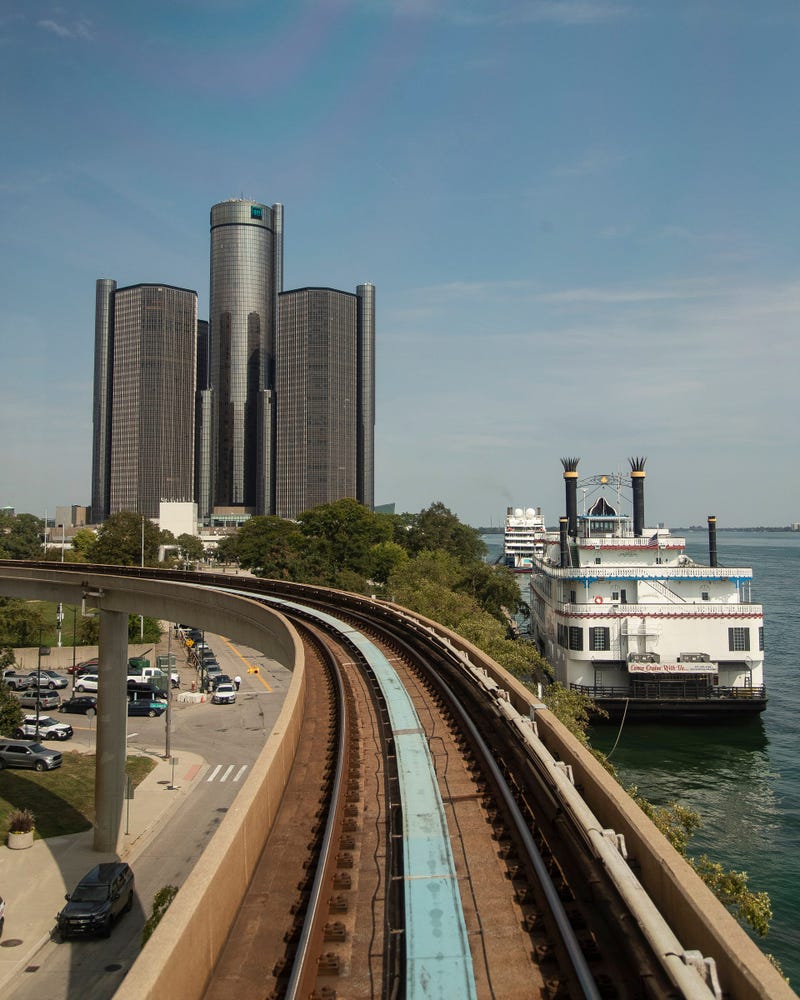 View of the Renaissance Center and Detroit Princess Riverboat from the Detroit People Mover in downtown Detroit