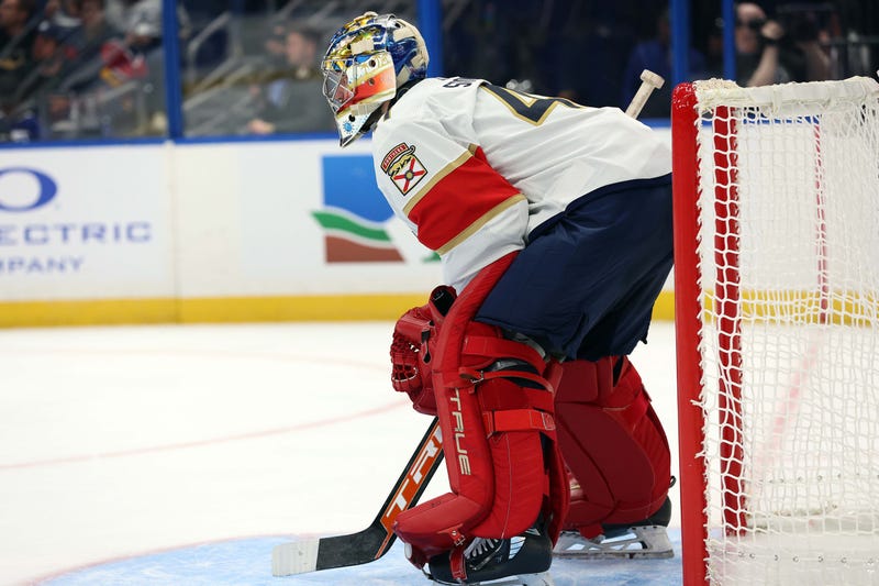 Florida Panthers goalie Anthony Stolarz (41) looks on against the Tampa Bay Lightning during the second period at Amalie Arena.