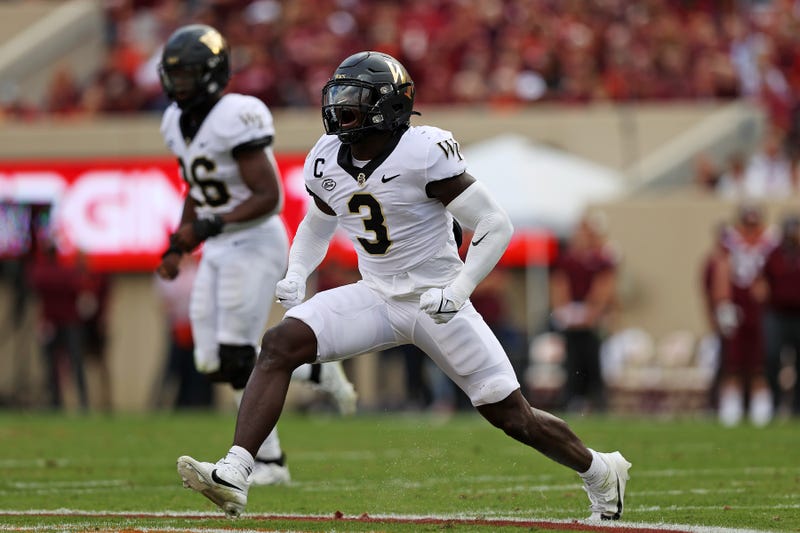Oct 14, 2023; Blacksburg, Virginia, USA; Wake Forest Demon Deacons defensive back Malik Mustapha (3) celebrates after Virginia Tech Hokies missed a field goal during the second quarter at Lane Stadium. 