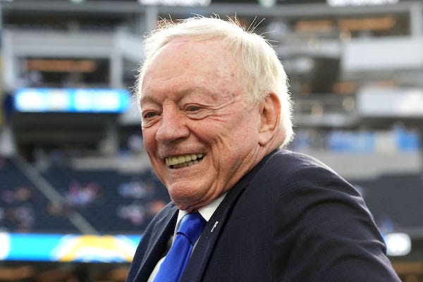 Dallas Cowboys owner Jerry Jones reacts during the game against the Los Angeles Chargers at SoFi Stadium