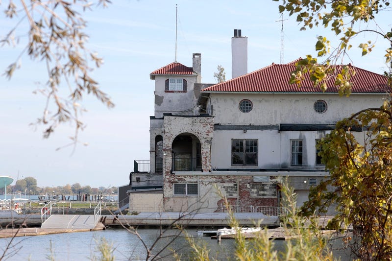 The side view of Detroit's Belle Isle Boat House on Belle Isle in Detroit on Wednesday, October 18, 2023. The boat house that has been in disrepair for years needs restoration costing $54 million architects estimate.