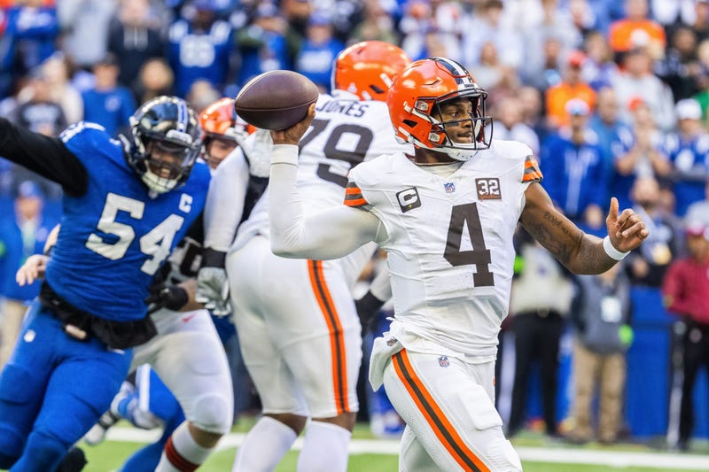 Oct 22, 2023; Indianapolis, Indiana, USA; Cleveland Browns quarterback Deshaun Watson (4) drops back to pass the ball in the first quarter against the Indianapolis Colts at Lucas Oil Stadium