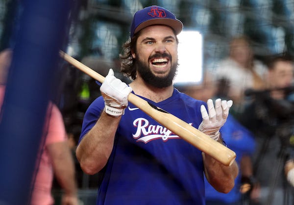Texas Rangers catcher Austin Hedges (11) before game seven in the ALCS for the 2023 MLB playoffs at Minute Maid Park