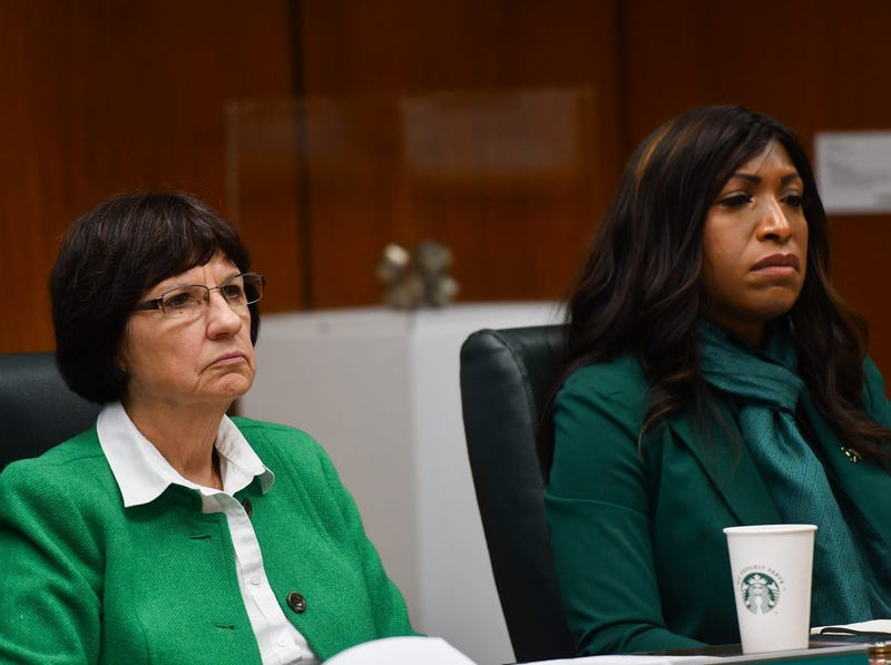 Board Members Dianne Byrum, left, and Brianna Scott listen during meeting on Oct 27, 2023