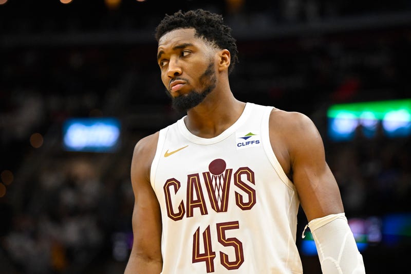 Cleveland Cavaliers guard Donovan Mitchell (45) reacts after missing a shot in the fourth quarter against the Oklahoma City Thunder