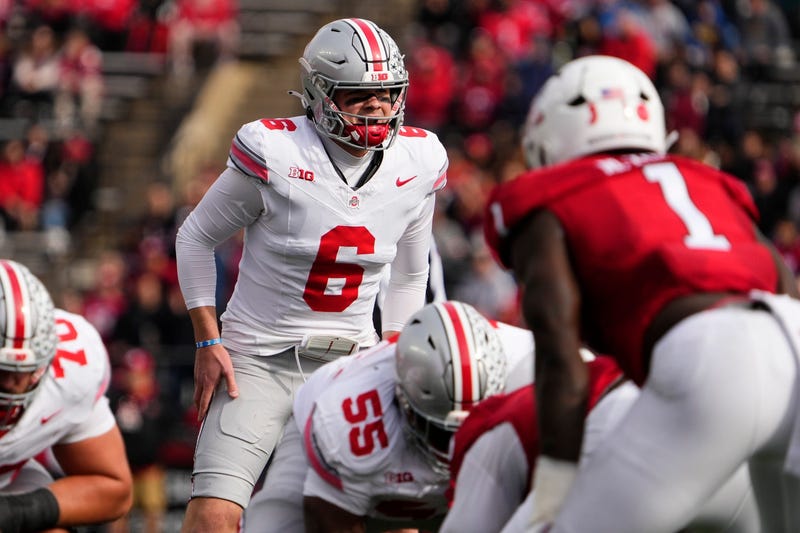 Ohio State Buckeyes quarterback Kyle McCord (6) lines up during the first half of the NCAA football game against the Rutgers Scarlet Knights at SHI Stadium.