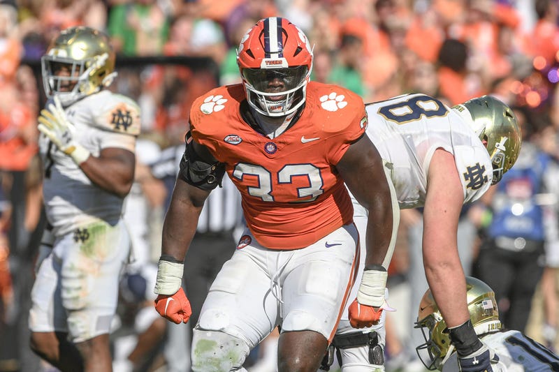 Nov 4, 2023; Clemson, South Carolina, USA; Clemson Tigers defensive tackle Ruke Orhorhoro (33) celebrates after a tackle against the Notre Dame Fighting Irish during the fourth quarter at Memorial Stadium. 